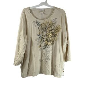 Alfred Dunner Women's Floral Print Long Sleeve Blouse, Beige, Sz 3X, NWT